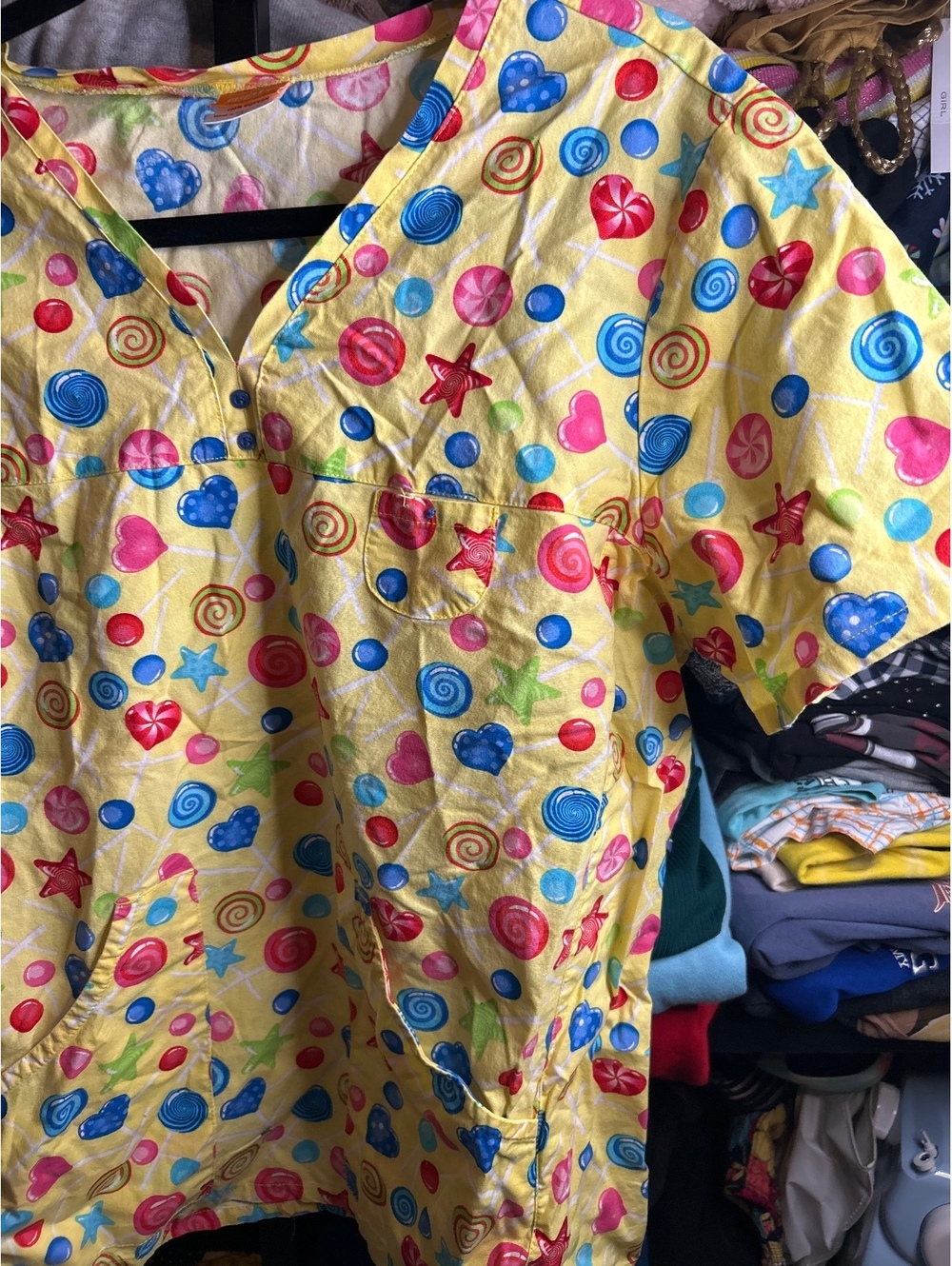 Grafx by Barco Women's 2XL Yellow Cotton Scrub Top with Colorful Candy Print